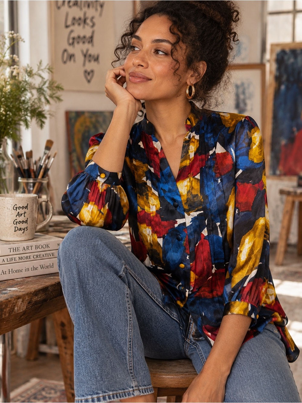 Alfani 92% Silk Abstract Print Pintuck Blouse Silky Statement Top size 4P